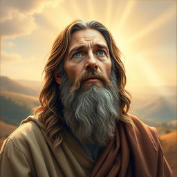 A detailed and striking portrait of Apostle Peter, depicted as a middle-aged man with a strong, weathered face, full beard, and long hair cascading down his shoulders