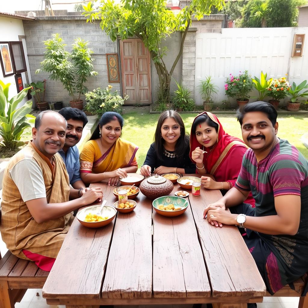 A warm, inviting scene of a Bangladeshi family of five enjoying an afternoon snack together