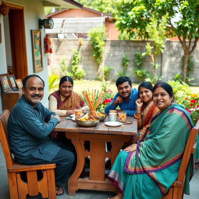 A warm, inviting scene of a Bangladeshi family of five enjoying an afternoon snack together