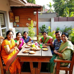 A warm, inviting scene of a Bangladeshi family of five enjoying an afternoon snack together