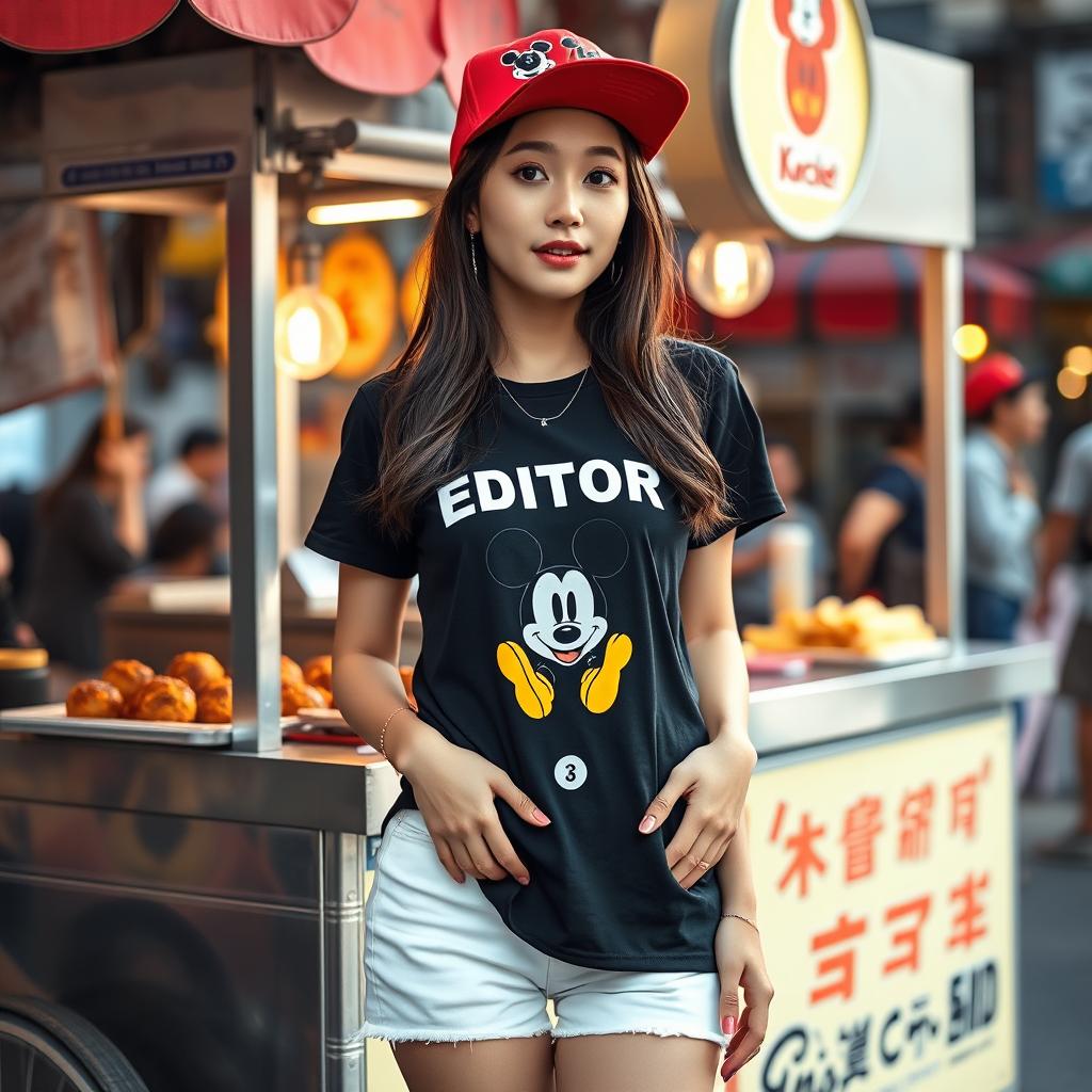 A beautiful Korean woman posing elegantly and attractively, wearing a black t-shirt with the text "EDITOR KOCAK", featuring an image of Mickey Mouse