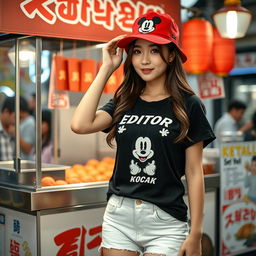 A beautiful Korean woman posing elegantly and attractively, wearing a black t-shirt with the text "EDITOR KOCAK", featuring an image of Mickey Mouse