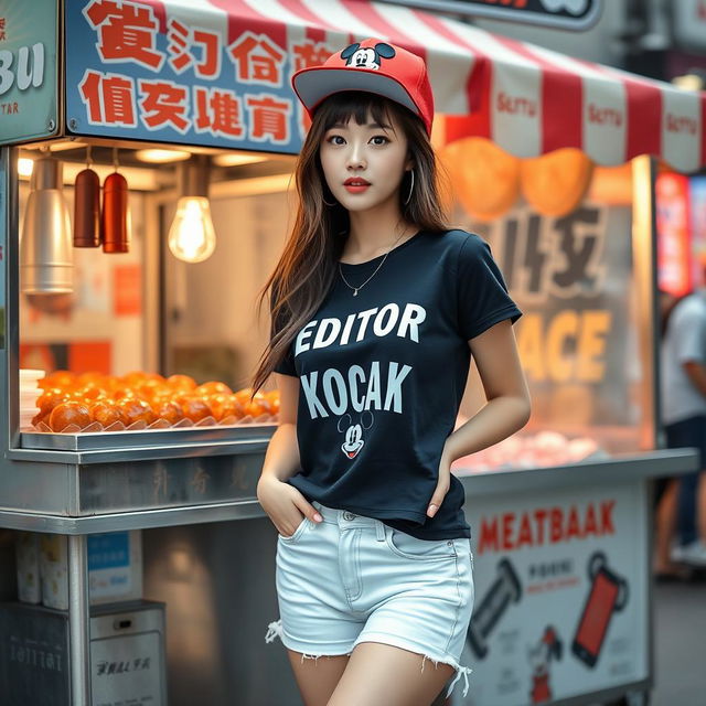 A beautiful Korean woman posing elegantly and attractively, wearing a black t-shirt with the text "EDITOR KOCAK", featuring an image of Mickey Mouse