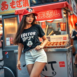 A beautiful Korean woman posing elegantly and attractively, wearing a black t-shirt with the text "EDITOR KOCAK", featuring an image of Mickey Mouse