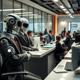 A futuristic office scene featuring robots as bosses, elegantly designed humanoid robots wearing sharp business suits, standing confidently at sleek modern desks, interacting with human employees