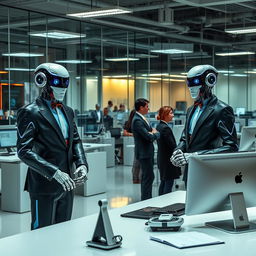 A futuristic office scene featuring robots as bosses, elegantly designed humanoid robots wearing sharp business suits, standing confidently at sleek modern desks, interacting with human employees