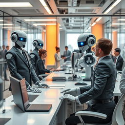 A futuristic office scene featuring robots as bosses, elegantly designed humanoid robots wearing sharp business suits, standing confidently at sleek modern desks, interacting with human employees