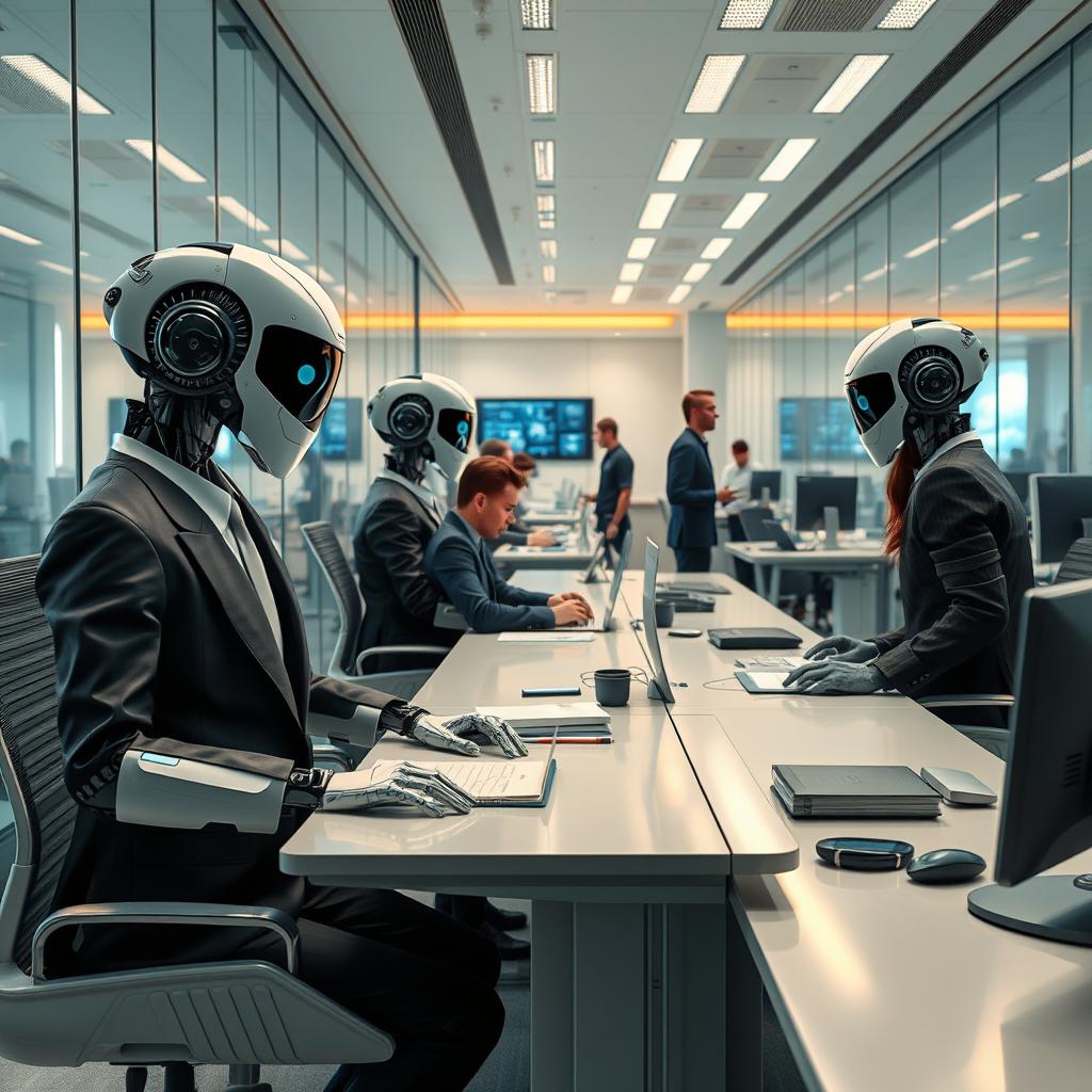 A futuristic office scene featuring robots as bosses, elegantly designed humanoid robots wearing sharp business suits, standing confidently at sleek modern desks, interacting with human employees