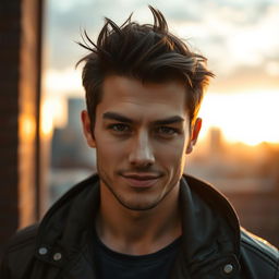 A portrait of a confident young man with sharp features, his eyes looking straight ahead with a determined expression