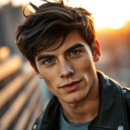 A portrait of a confident young man with sharp features, his eyes looking straight ahead with a determined expression