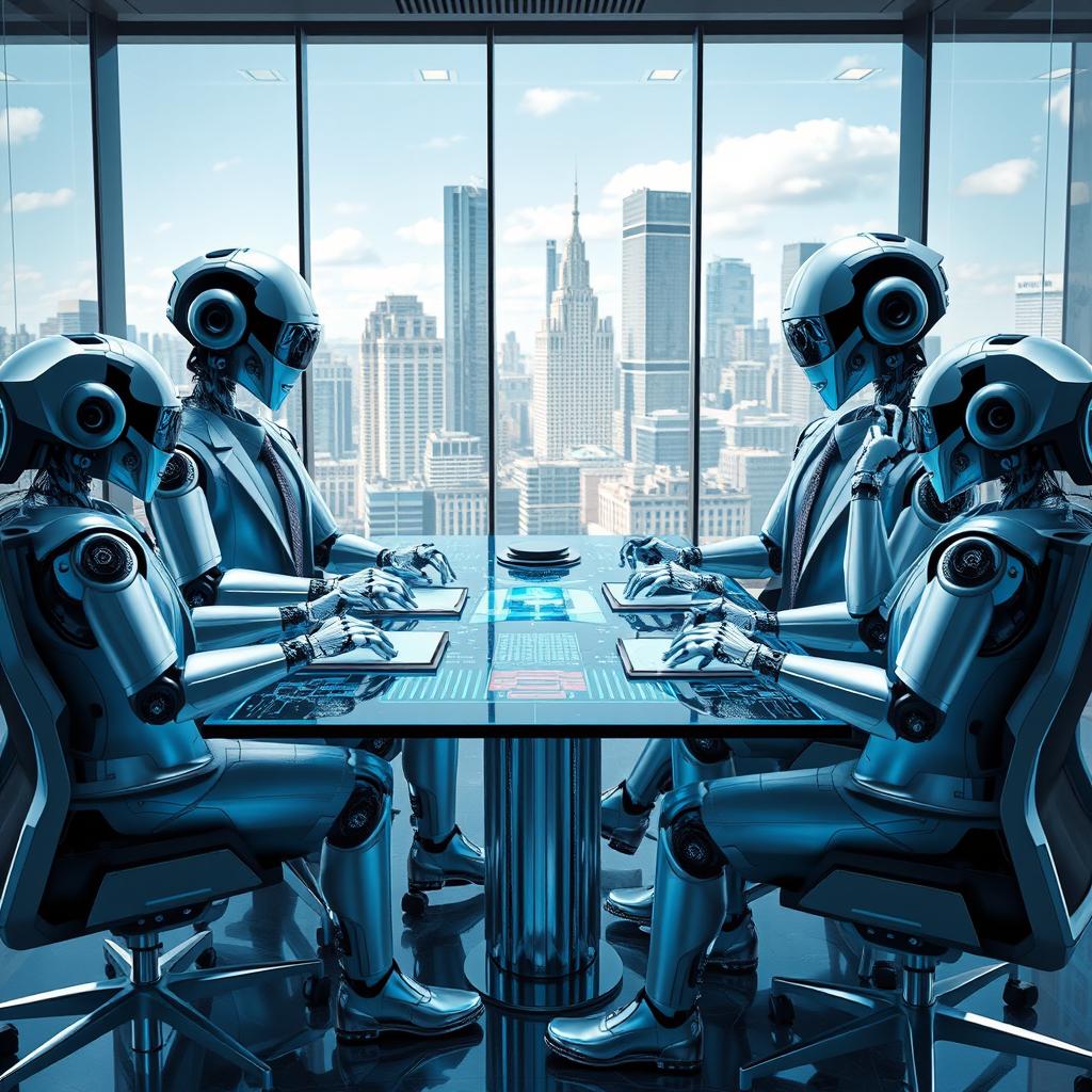 An abstract representation of machines functioning as executives in a corporate environment