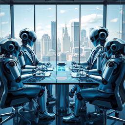 An abstract representation of machines functioning as executives in a corporate environment