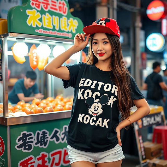 A beautiful Korean woman posing gracefully and attractively, wearing a black t-shirt with the text 'EDITOR KOCAK', featuring a graphic of Mikey Mouse