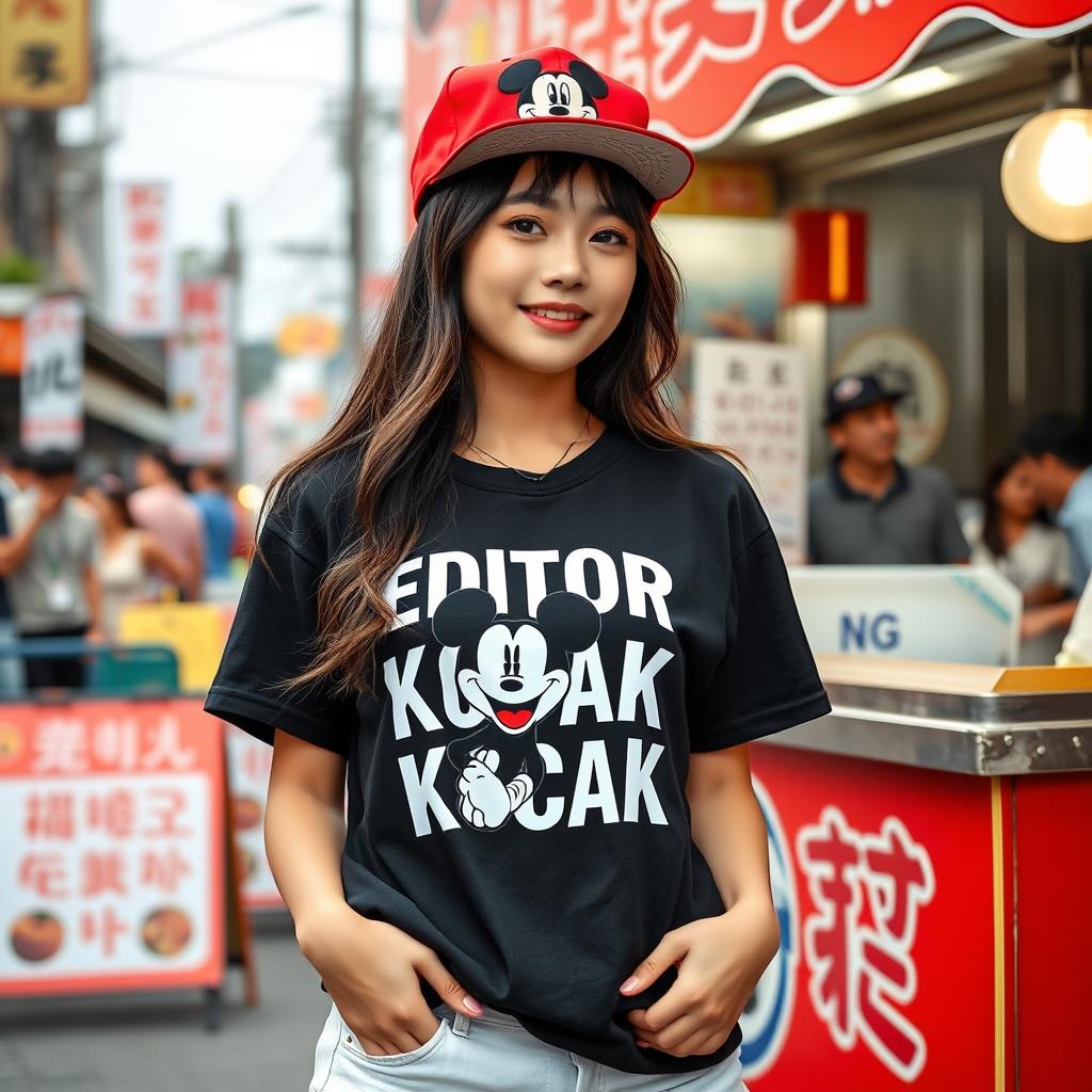 A beautiful Korean woman posing gracefully and attractively, wearing a black t-shirt with the text 'EDITOR KOCAK', featuring a graphic of Mikey Mouse