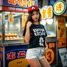 A beautiful Korean woman posing gracefully and attractively, wearing a black t-shirt with the text 'EDITOR KOCAK', featuring a graphic of Mikey Mouse