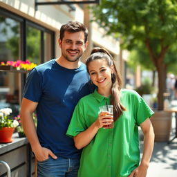 A standing man next to a girl wearing a vibrant green shirt in an outdoor cafe setting