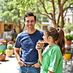 A standing man next to a girl wearing a vibrant green shirt in an outdoor cafe setting