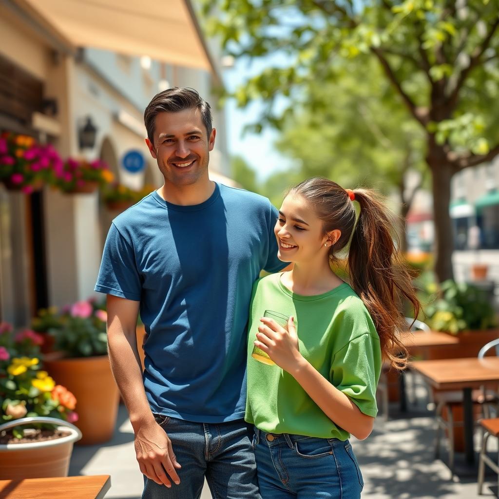 A standing man next to a girl wearing a vibrant green shirt in an outdoor cafe setting