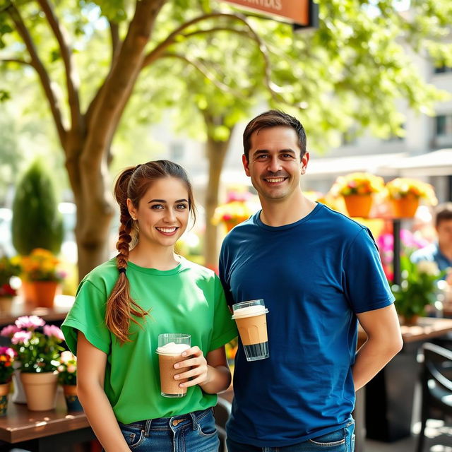 A standing man next to a girl wearing a vibrant green shirt in an outdoor cafe setting