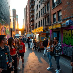 An urban street scene at sunset, showcasing vibrant graffiti art on brick walls, with a diverse group of young adults in stylish streetwear enjoying a lively conversation