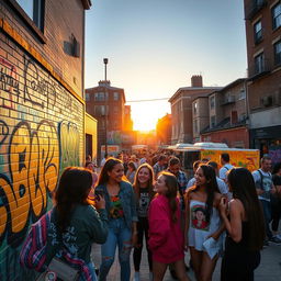 An urban street scene at sunset, showcasing vibrant graffiti art on brick walls, with a diverse group of young adults in stylish streetwear enjoying a lively conversation