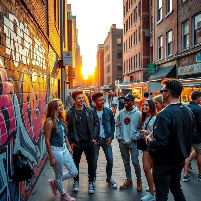 An urban street scene at sunset, showcasing vibrant graffiti art on brick walls, with a diverse group of young adults in stylish streetwear enjoying a lively conversation