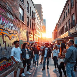 An urban street scene at sunset, showcasing vibrant graffiti art on brick walls, with a diverse group of young adults in stylish streetwear enjoying a lively conversation