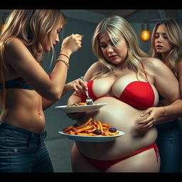 A captivating scene featuring an 18-year-old girl with beautiful long blonde hair and a delicate thin face, portrayed in a tiny red bikini