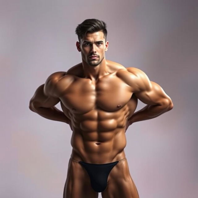 A muscular male figure, standing confidently, without any clothing