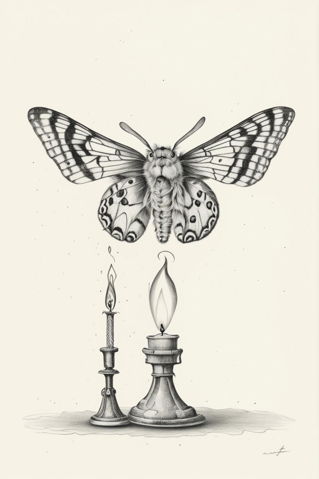 A high-quality pencil drawing of a moth next to a burning candle