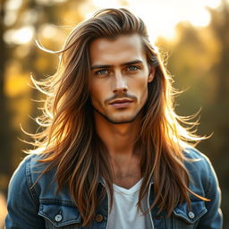 A striking portrait of a handsome long-haired man with flowing hair that cascades down his shoulders