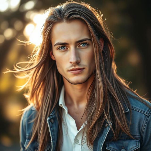 A striking portrait of a handsome long-haired man with flowing hair that cascades down his shoulders