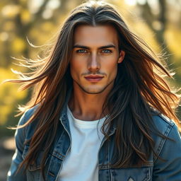 A striking portrait of a handsome long-haired man with flowing hair that cascades down his shoulders