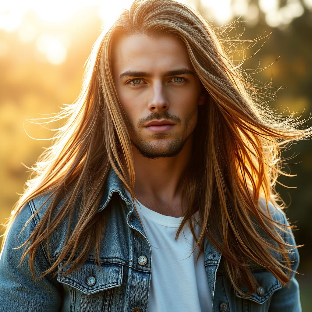 A striking portrait of a handsome long-haired man with flowing hair that cascades down his shoulders