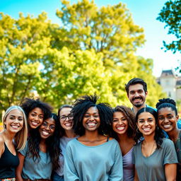 A portrait of a diverse group of smiling humans, showcasing a harmonious blend of different ethnicities and ages, standing together in a vibrant urban park