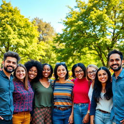A portrait of a diverse group of smiling humans, showcasing a harmonious blend of different ethnicities and ages, standing together in a vibrant urban park