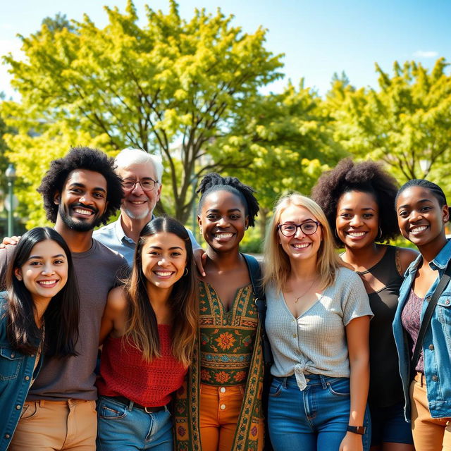 A portrait of a diverse group of smiling humans, showcasing a harmonious blend of different ethnicities and ages, standing together in a vibrant urban park