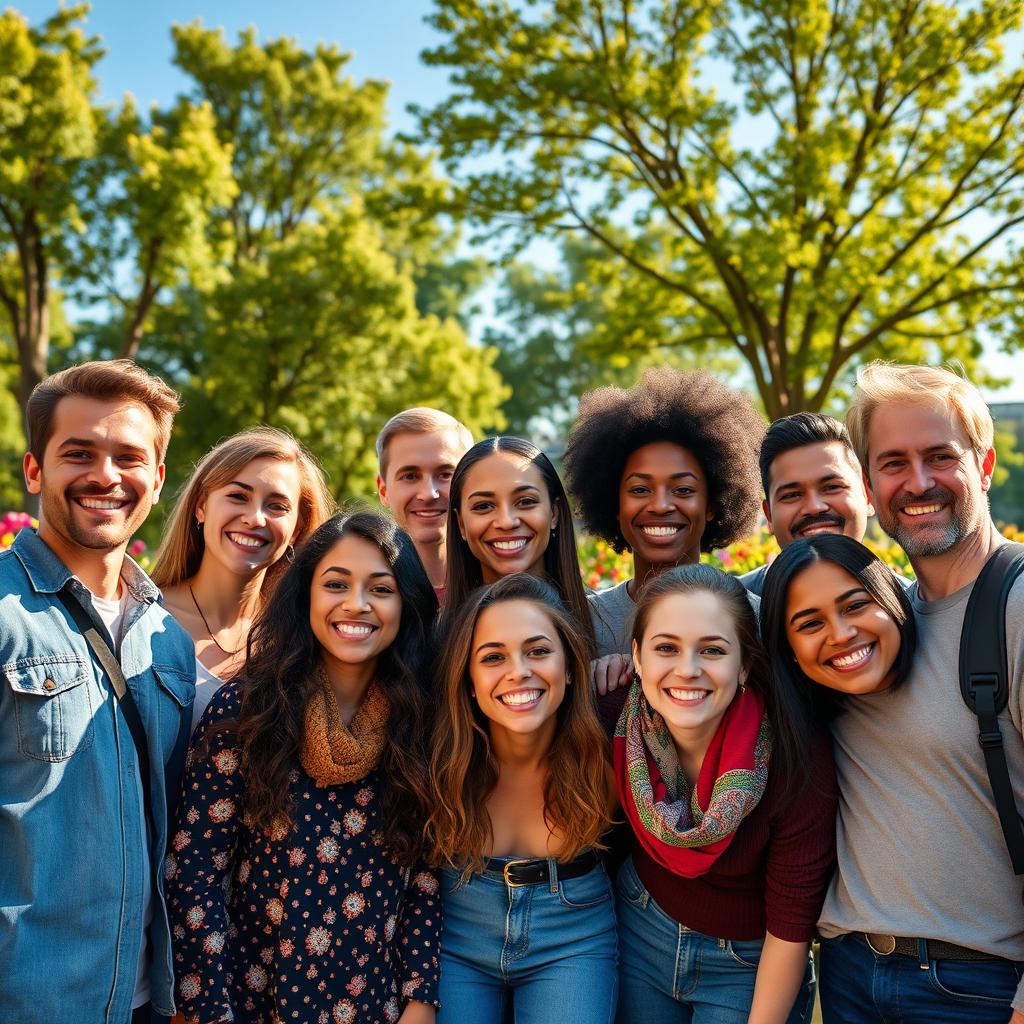 A portrait of a diverse group of smiling humans, showcasing a harmonious blend of different ethnicities and ages, standing together in a vibrant urban park