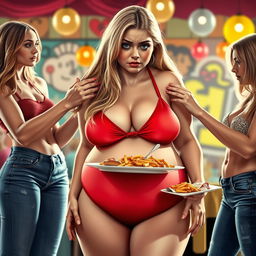 A beautiful 18-year-old girl with a thin face and long, sexy blonde hair is represented in a tiny red bikini