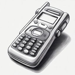 A high-quality black and white pencil drawing showcasing a flip phone from the 2000s