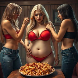 A striking scene featuring an 18-year-old girl with a sweet, thin face and beautiful long blonde hair, depicted in a tiny red bikini