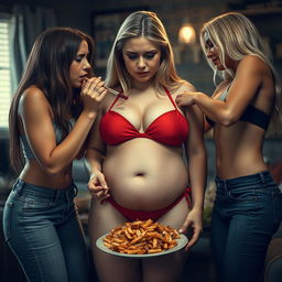 A striking scene featuring an 18-year-old girl with a sweet, thin face and beautiful long blonde hair, depicted in a tiny red bikini