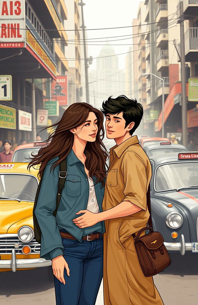 A romantic story illustration depicting a woman who has mysteriously traveled back in time to the year 1972 during Martial Law in the Philippines