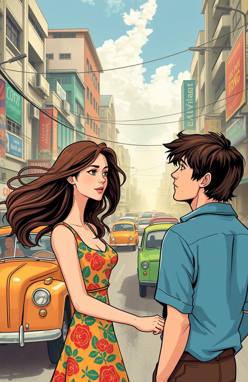 A romantic story illustration depicting a woman who has mysteriously traveled back in time to the year 1972 during Martial Law in the Philippines