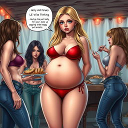 A vivid scene showcasing an 18-year-old girl with a sweet, thin face and gorgeous long blonde hair, portrayed in a tiny red bikini