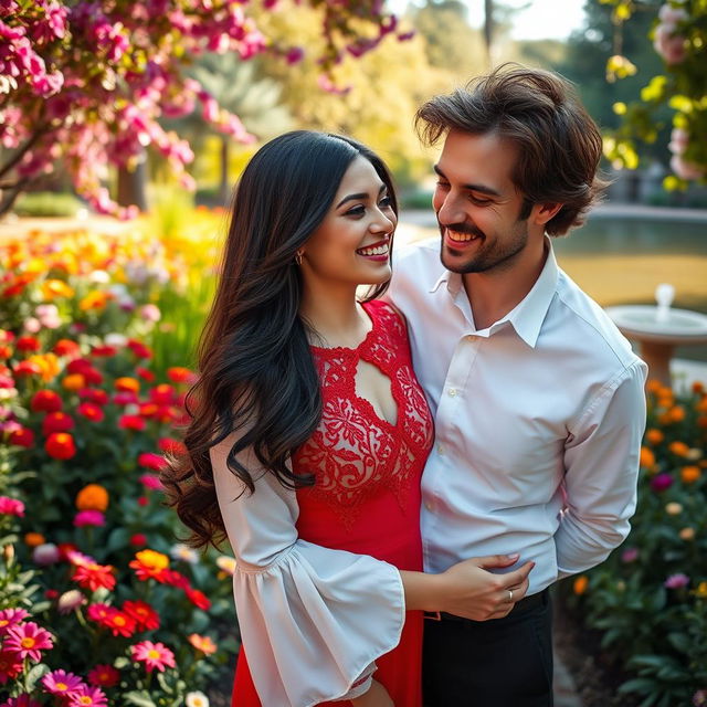 A close-up portrait of a beautiful woman and a handsome man standing together, smiling warmly at each other