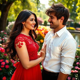 A close-up portrait of a beautiful woman and a handsome man standing together, smiling warmly at each other