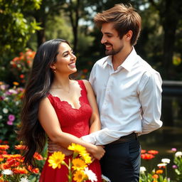 A close-up portrait of a beautiful woman and a handsome man standing together, smiling warmly at each other
