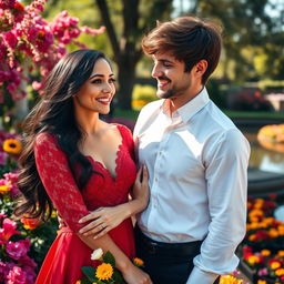 A close-up portrait of a beautiful woman and a handsome man standing together, smiling warmly at each other