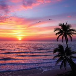 A creative composition of a vibrant sunset over a calm ocean, with soft waves lapping at the shore